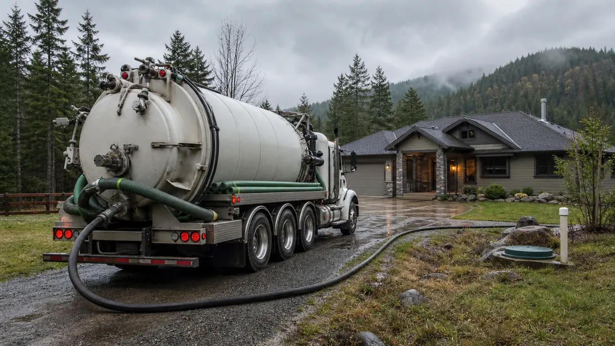Illustration of a vacuum truck serving a large residential property with a long hose run.